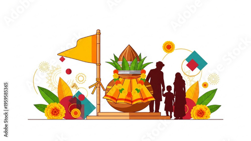 Family celebrates festival with colorful kites and traditional pot