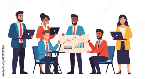 Diverse business team collaborating on project with laptops and graph