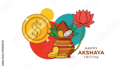 A colorful illustration of a pot with coins and a lotus flower celebrates Akshaya Tritiya festival