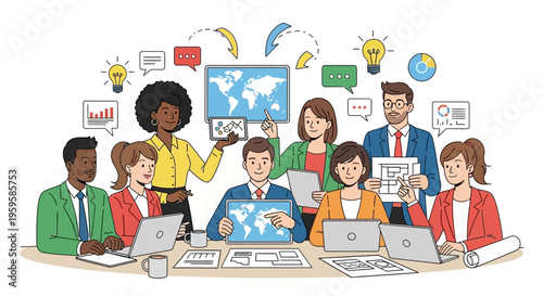 Diverse business team collaborating on global project with laptops and data