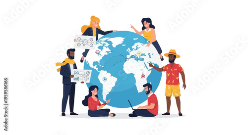 Diverse people around the globe working together with charts