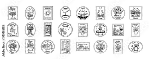 set of vintage postage stamp style spring garden illustrations with flowers butterflies bee gardening tools and seasonal quotes, botanical nature badge collection for sticker label poster card logo