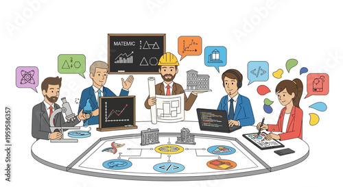 Diverse team collaborating on innovative projects with graphs and blueprints