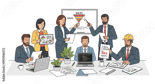 Business team meeting with sales data presentation