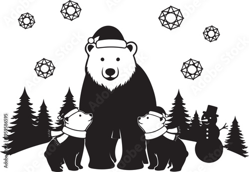 A polar bear family silhouette in winter wonderland scene, Generative Ai