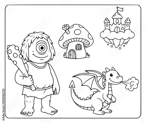Mythology cyclops with a spiked club and a friendly dragon for coloring fun