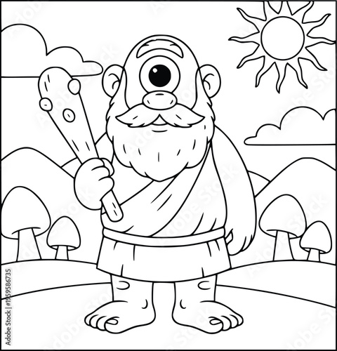  Mythology bearded cyclops with a wooden club in a sunny mountain landscape
