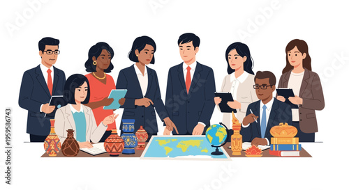 Diverse group of business people planning global strategy with map and globe