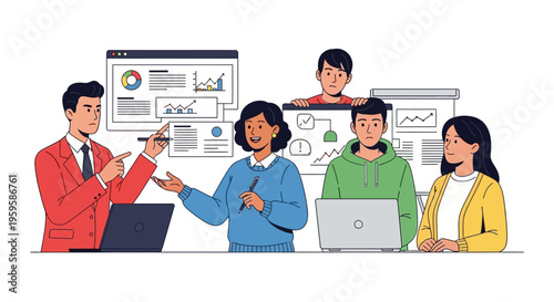 Business team meeting with graphs and charts on screen