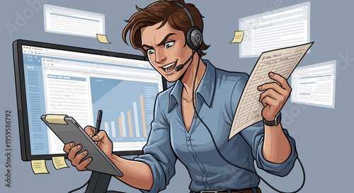 Businessman working on computer with headset and papers multitasking