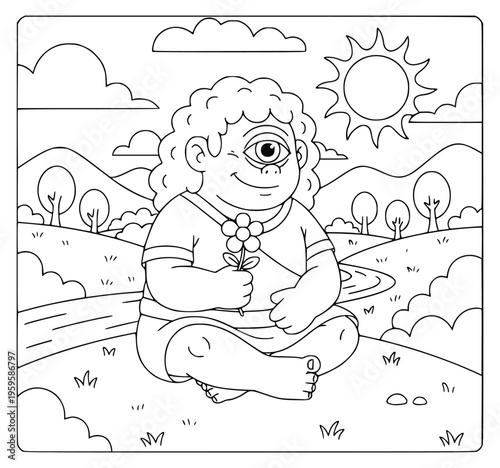  Mythology child cyclops holding a flower while sitting by a mountain river
