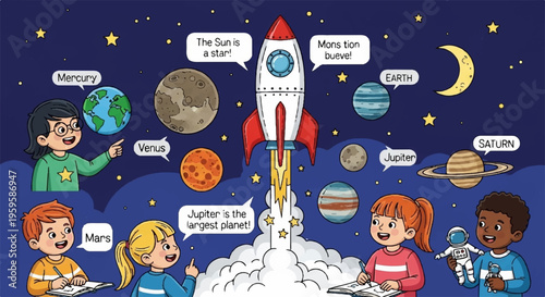 Children launch a colorful rocket into space with planets and stars expressing excitement and curiosity about the universe