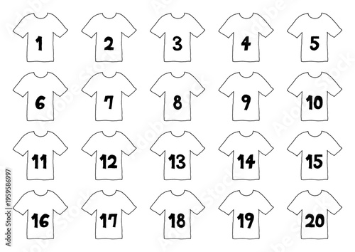1から20までの数字が書いてあるシャツの手描きイラストセット