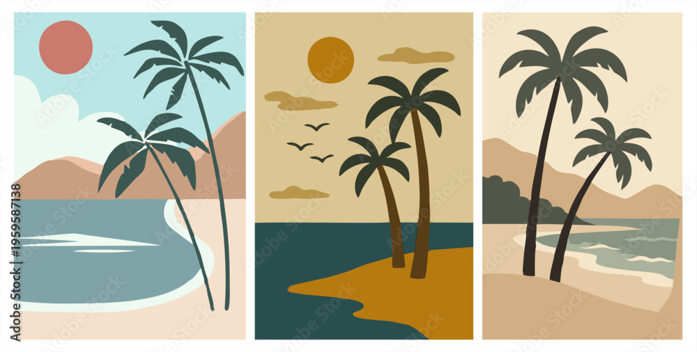 Fototapeta premium Boho beach landscape triptych. Minimalist tropical sun and palm tree posters. Earthy tones vector summer wall art.