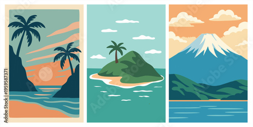 Three flat vector travel posters set. Tropical sunset beach, lonely island, majestic mountain Fuji. Vintage summer vibe illustration