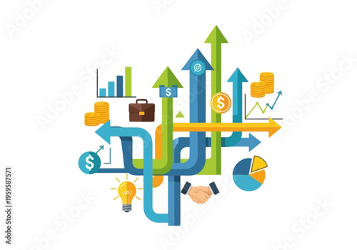 Business growth concept with arrows charts coins lightbulb and handshake