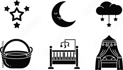 Baby nursery silhouette set featuring moon stars cloud crib canopy bed and bucket for newborn care decoration vector illustration collection