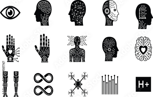 Artificial intelligence and futuristic technology icon set featuring robotic hand, cyborg head, neural network, drone, prosthetic legs and digital innovation symbols