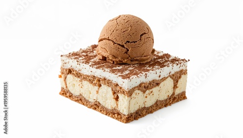Elegant tiramisu dessert square topped with creamy coffee ice cream and shaved chocolate on white background