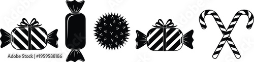 Candy and sweet icon set in black silhouette style, confectionery symbols collection, wrapped candies and candy cane illustration, dessert treat vector isolated background design