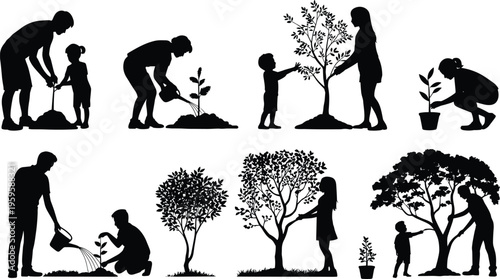 Tree planting silhouette illustration, adults and children nurturing saplings, watering and caring for growing trees, environmental stewardship theme, vector art, black isolated bold design