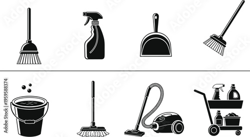 Cleaning equipment silhouette set including broom spray bottle dustpan mop bucket vacuum cleaner and janitorial cart isolated vector illustration collection