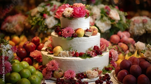 A beautifully decorated white wedding cake surrounded by vibrant flowers and fresh fruits on a festive table setting