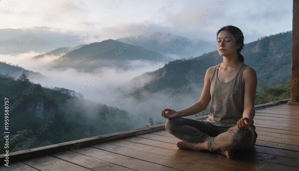 Fototapeta premium Sitting woman meditating on wooden deck at mountain valley in tank-top pants, mist, copy space