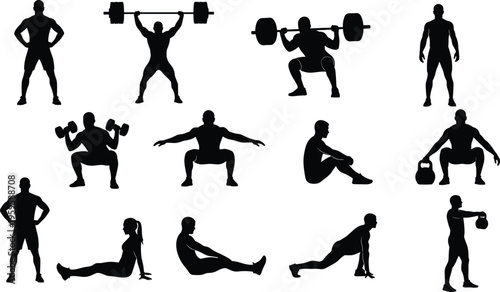Collection of fitness workout silhouettes showing strength training exercises including squats kettlebell swings barbell lifts and stretching poses for gym training illustration set