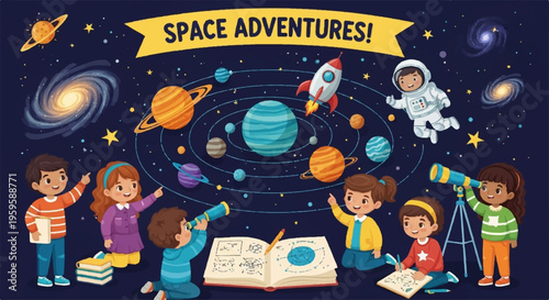 Children exploring space with telescope and book on astronomy learning about planets and galaxies in a fun educational setting