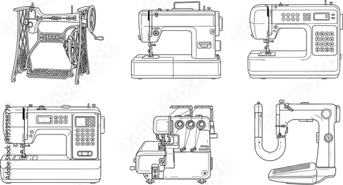 Collection of sewing machine line art illustrations, vintage and modern textile equipment set, tailoring tools outline, fashion industry stitching devices vector design bundle