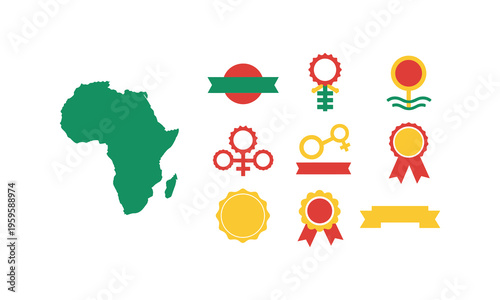 Diverse icons representing africa and gender equality awards with continental map