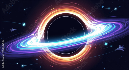 Vibrant black hole with swirling purple blue and orange accretion disk in deep space