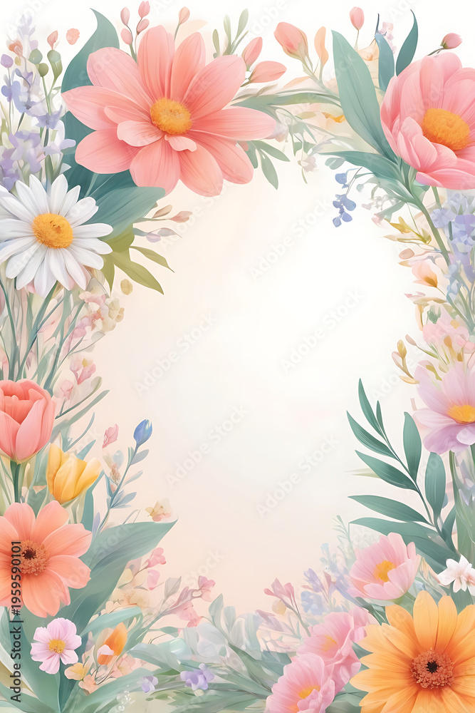Obraz premium Delicate pastel floral frame with blooming spring flowers and leaves