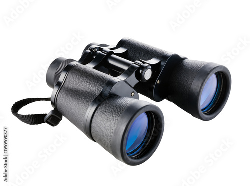 Konstfotografi Robust black binoculars with textured grip and blue reflective lenses, an essent