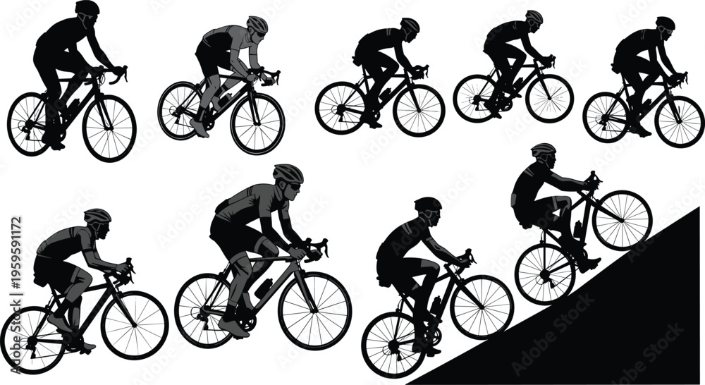 Obraz premium Cyclist riding bicycle silhouette collection showing road cycling positions uphill climbing and racing poses isolated vector illustration set for sports fitness design