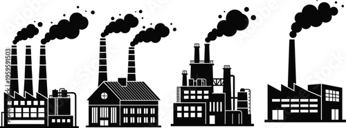 Factory pollution icon set in black silhouette style, industrial plants with smoke chimneys illustration, environmental contamination concept, manufacturing buildings vector isolated on background