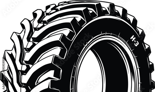 Heavy duty tractor tire closeup with deep agricultural tread pattern, detailed black and white vector illustration for farming, machinery, transport, and industry use
