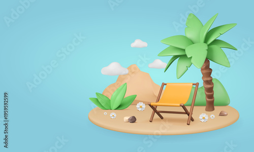 Summer tropical banner with 3d elements. Palm tree, lounge chair, hills and flowers on beach. Abstract island. Vector illustration. Travel, holiday, vacation advertising template. Sandy podium.