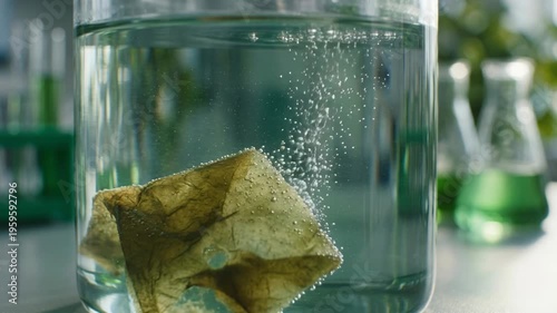 Wallpaper Mural Biodegradable materials green chemistry tea bag steeping glass jar releasing bubbles and natural fibers dissolving water with bubbling reaction Torontodigital.ca