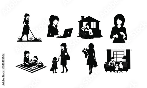 Everyday life and responsibilities of a modern working woman depicted in icons
