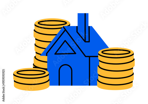 Hand drawn cute illustration of small house with stack of coins. Flat vector money saving for buying home sticker doodle. Mortgage or hypothec icon or print. Real estate investment. Isolated.