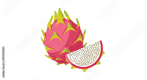 A whole pink dragon fruit and a sliced wedge with white flesh and black seeds are displayed on a white background.