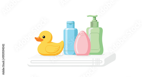 A yellow rubber duck and three colorful bottles are placed on a folded white towel.