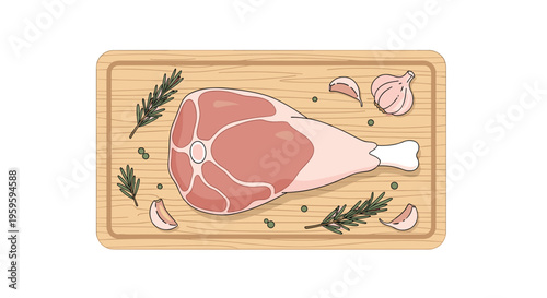 A raw leg of meat with bone sits on a wooden cutting board surrounded by rosemary, garlic, and peppercorns.