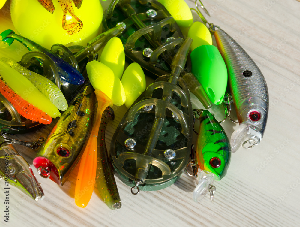 Ταπετσαρία Fishing tackle on a wooden background.