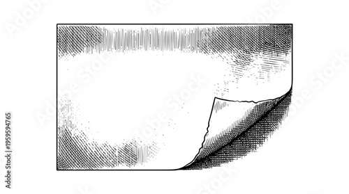 Vintage engraved depiction of a large rectangular sheet revealing a corner peeking upwards, creating a dynamic impression with textured hatching that suggests depth and a weathered appearance