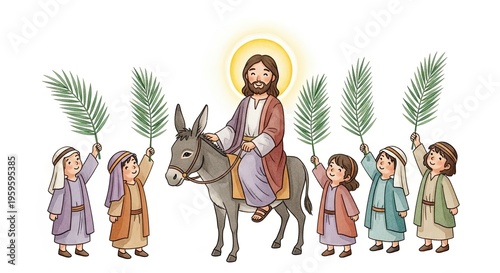 Watercolor illustration of Jesus riding a donkey surrounded by children. Triumphal entry into Jerusalem with palm branches. Palm Sunday concept