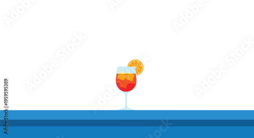 A single cocktail glass with an orange slice garnish and ice sits on a blue surface against a white background.
