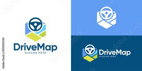 Creative simple drive map logo template. Steering wheel with map point marker logo design vector illustration.